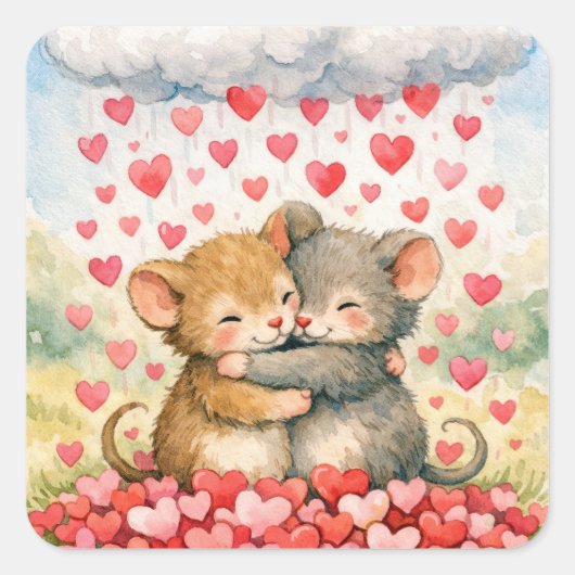 Hugging Mice Under a Cloud of Hearts Vierkante Sticker (Voorkant)