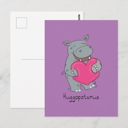 Huggopotamus Valentijnsdag Hippo Briefkaart Paars (Voorkant / Achterkant)
