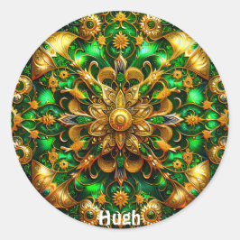 HUGH ~ Glanzend Groen en Goud Kerstmis ~ Ronde Sticker