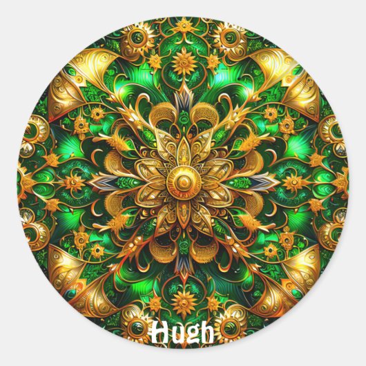 HUGH ~ Glanzend Groen en Goud Kerstmis ~ Ronde Sticker (Voorkant)