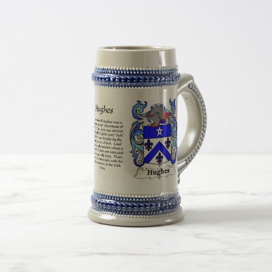 Hughes Family Crest Ceramic Stein Bierpul (Voorkant rechts)