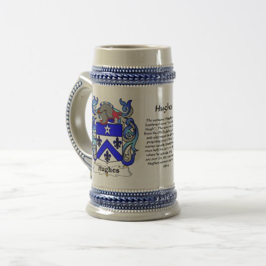 Hughes Family Crest Ceramic Stein Bierpul (Voorkant links)