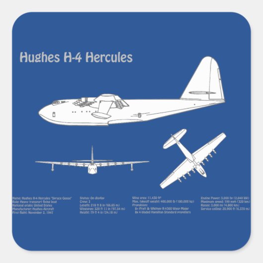 Hughes H-4 Hercules Spruce Goose - Vliegtuigplanne Vierkante Sticker (Voorkant)