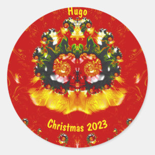HUGO ~ KERSTMIS Rood Groen Geel Fractal ~ Ronde Sticker