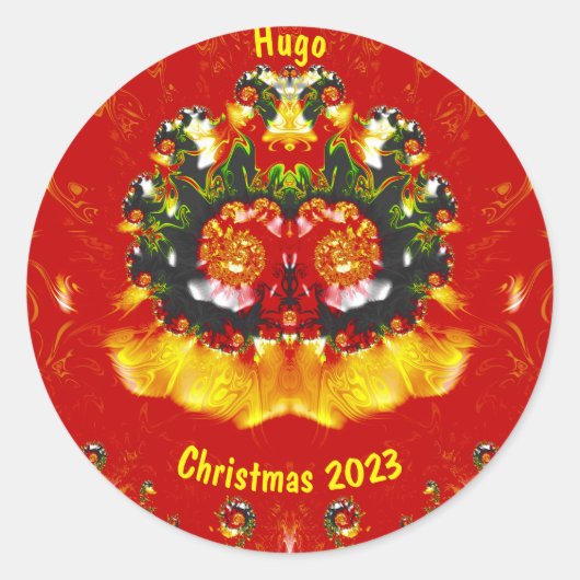 HUGO ~ KERSTMIS Rood Groen Geel Fractal ~ Ronde Sticker (Voorkant)