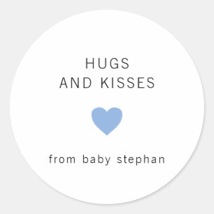 Hugs and Kisses Modern Blue Boy Baby shower Favor Ronde Sticker