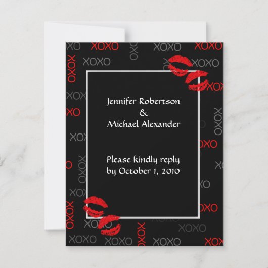 Hugs en Kisses Black Red Wedding Response Cards RSVP Kaartje (Voorkant)
