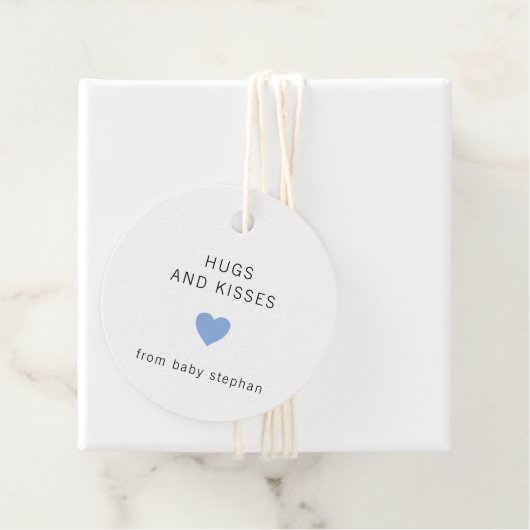 Hugs en Kisses Modern Blue Boy Baby shower Bedankjes Labels (In situ)