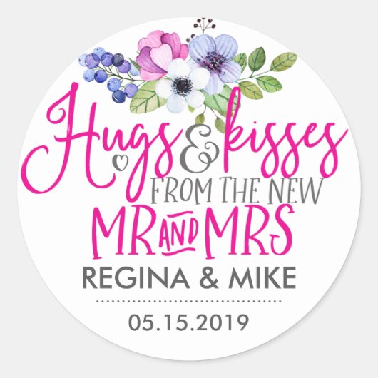 Hugs en Kisses uit New Mr en Mrs Floral Ronde Sticker (Voorkant)