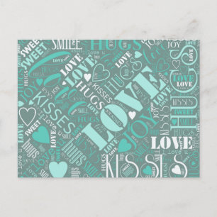Hugs en Kisses Word Cloud Blauwgroen ID286 Briefkaart