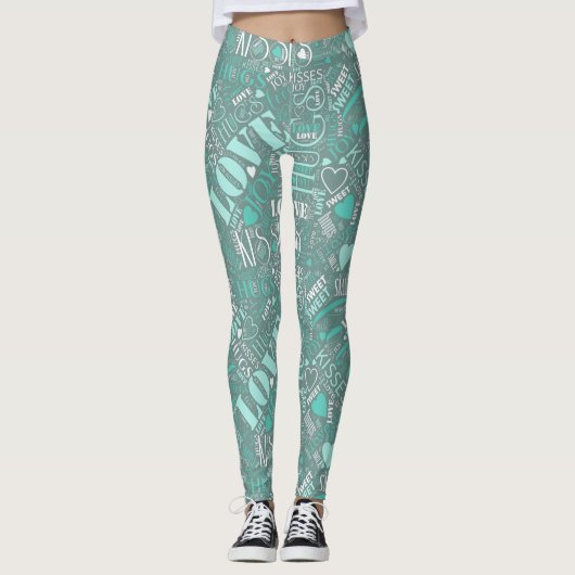 Hugs en Kisses Word Cloud Blauwgroen ID286 Leggings (Voorkant)
