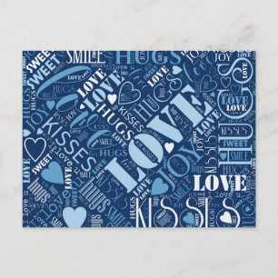 Hugs en Kisses Word Cloud Blue ID286 Briefkaart