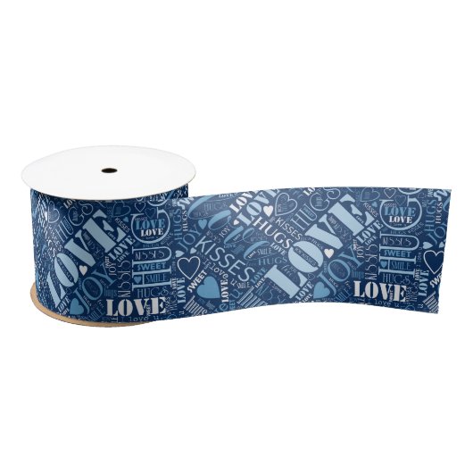 Hugs en Kisses Word Cloud Blue ID286 Satijnen Lint (Spoel)
