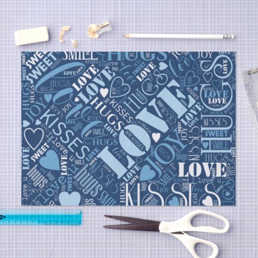 Hugs en Kisses Word Cloud Blue ID286 Tissuepapier (Craft)