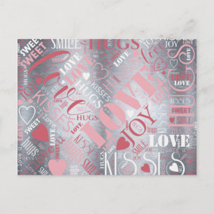 Hugs en Kisses Word Cloud Pink/Silver ID286 Briefkaart