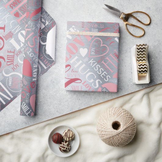 Hugs en Kisses Word Cloud Pink/Silver ID286 Cadeaupapier (Crafts)