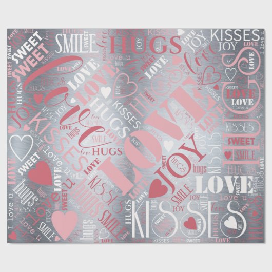 Hugs en Kisses Word Cloud Pink/Silver ID286 Cadeaupapier (Vlak)