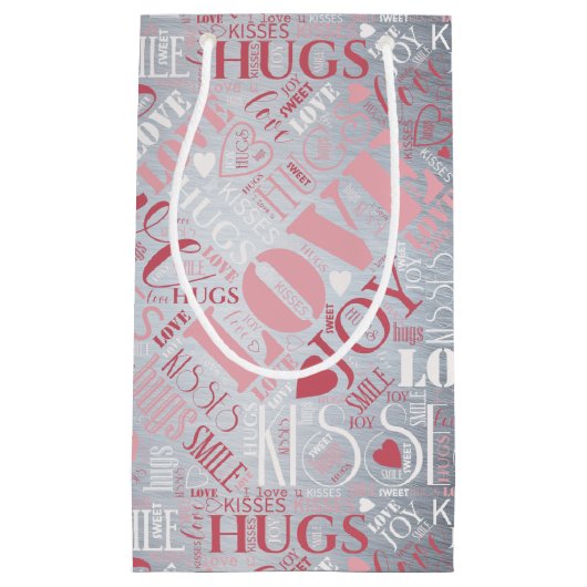 Hugs en Kisses Word Cloud Pink/Silver ID286 Klein Cadeauzakje (Voorkant)