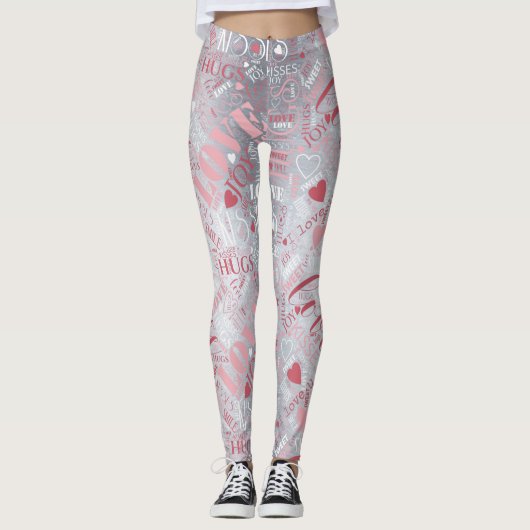 Hugs en Kisses Word Cloud Pink/Silver ID286 Leggings (Voorkant)