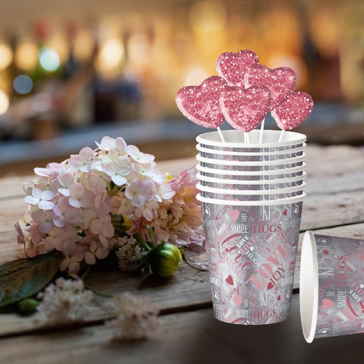Hugs en Kisses Word Cloud Pink/Silver ID286 Papieren Bekers