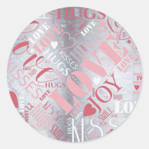 Hugs en Kisses Word Cloud Pink/Silver ID286 Ronde Sticker