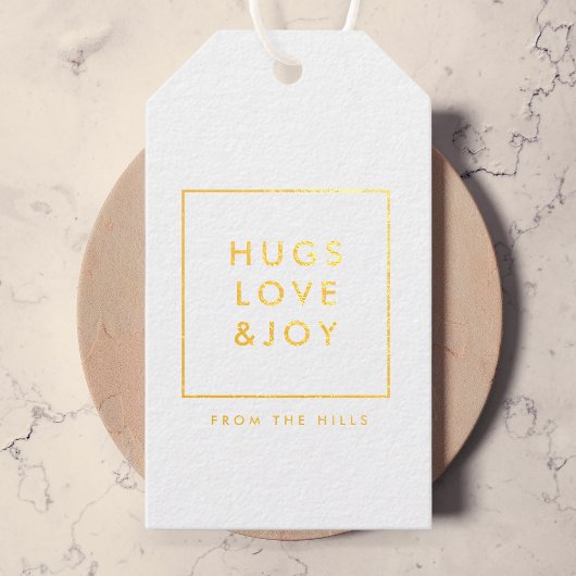 Hugs Love and Joy Stylish KerstGold and White Cadeaulabels