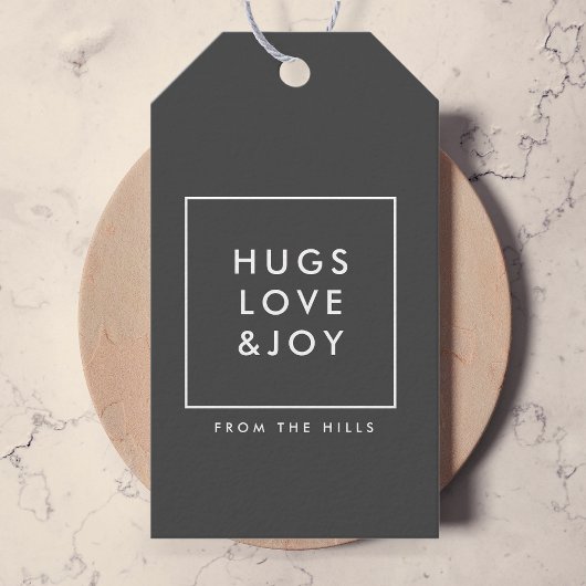 Hugs Love and Joy Stylish Kerstskool Grey Cadeaulabel