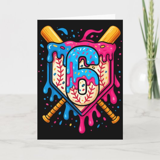 Hugvyn 6th Birthday Baseball Ice Cream Drip Number Kaart (Voorkant)