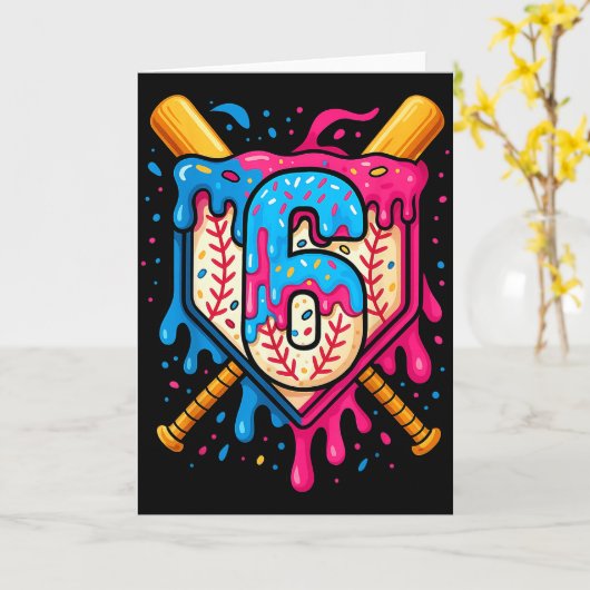 Hugvyn 6th Birthday Baseball Ice Cream Drip Number Kaart (Gele Bloem)