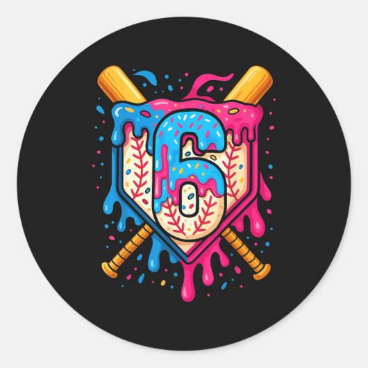 Hugvyn 6th Birthday Baseball Ice Cream Drip Number Ronde Sticker (Voorkant)