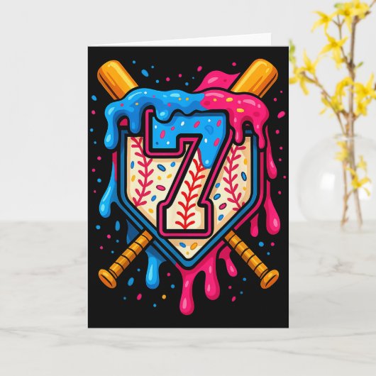Hugvyn 7th Birthday Baseball Ice Cream Drip Number Kaart (Gele Bloem)