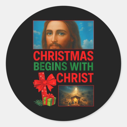 Hugvyn Christmas Begins With Christ Jesus Cross Ch Ronde Sticker (Voorkant)
