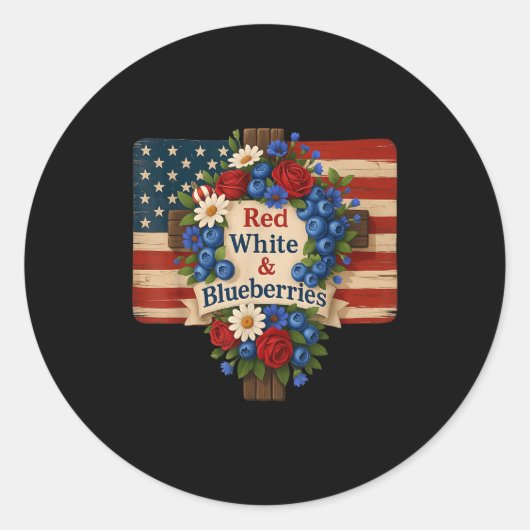 Hugvyn God Bless Blueberries America Floral Patrio Ronde Sticker (Voorkant)