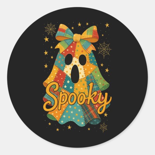 Hugvyn Halloween Patchwork Spooky Ghost Bow Preppy Ronde Sticker (Voorkant)