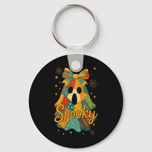 Hugvyn Halloween Patchwork Spooky Ghost Bow Preppy Sleutelhanger (Voorkant)