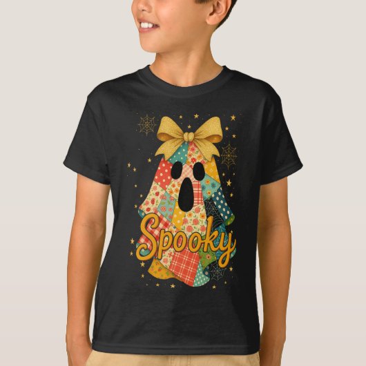 Hugvyn Halloween Patchwork Spooky Ghost Bow Preppy T-shirt (Voorkant)