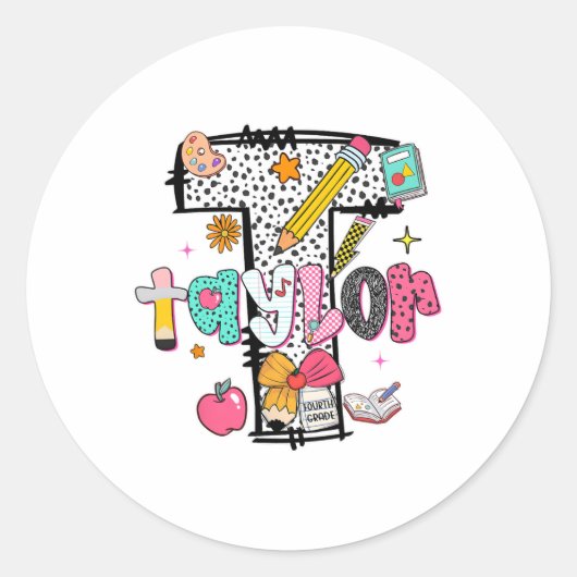 Hugvyn Terug Naar School Taylor Naam Vierde Klas T Ronde Sticker (Voorkant)