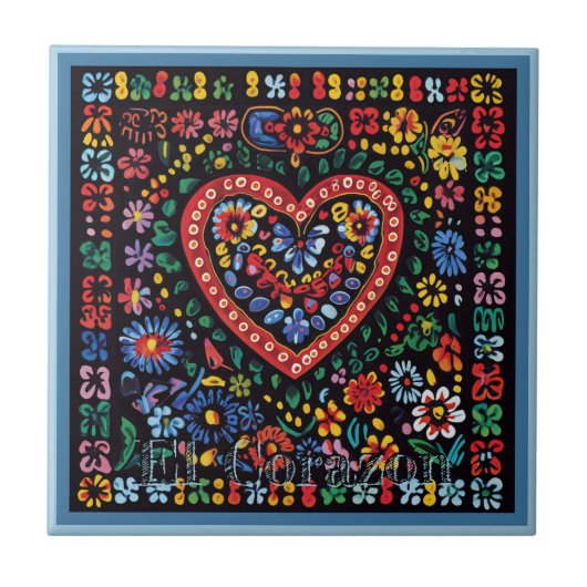 Huichol Loteria Keramische Tegel: El Corazon Tegel Tegeltje (Voorkant)