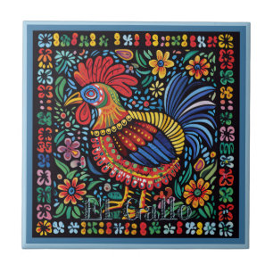 Huichol Loteria Keramische Tegel: El Gallo Tegel Tegeltje