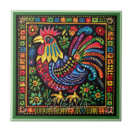 Huichol Loteria Keramische Tegel: El Gallo Tegel Tegeltje