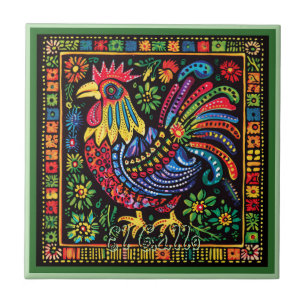 Huichol Loteria Keramische Tegel: El Gallo Tegel Tegeltje