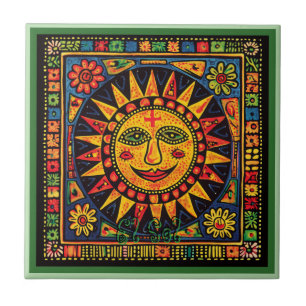 Huichol Loteria Keramische Tegel: El Sol Keramisch Tegeltje