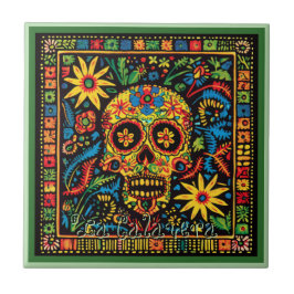 Huichol Loteria Keramische Tegel: La Calavera Tege Tegeltje