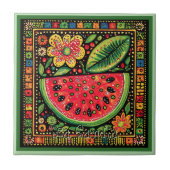 Huichol Loteria Keramische Tegel: La Sandia Tegel Tegeltje (Voorkant)