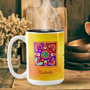 Huichol Mexicaanse Kunst Bohemian Kleurrijk Tweekleurige Koffiemok