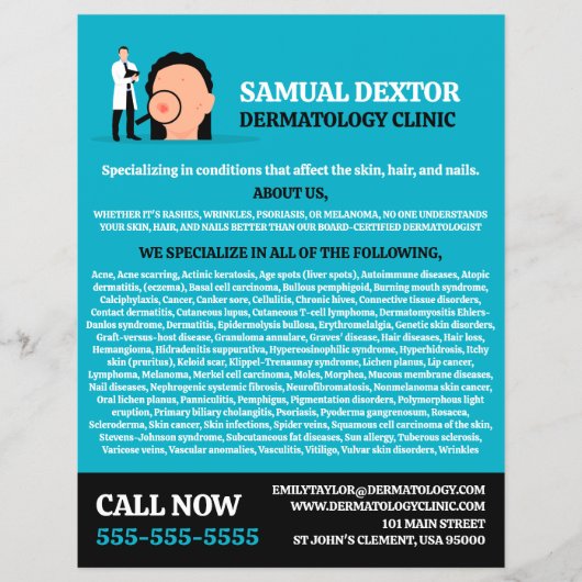 Huidaandoening, dermatoloog, dermatologische klini flyer (Voorkant)