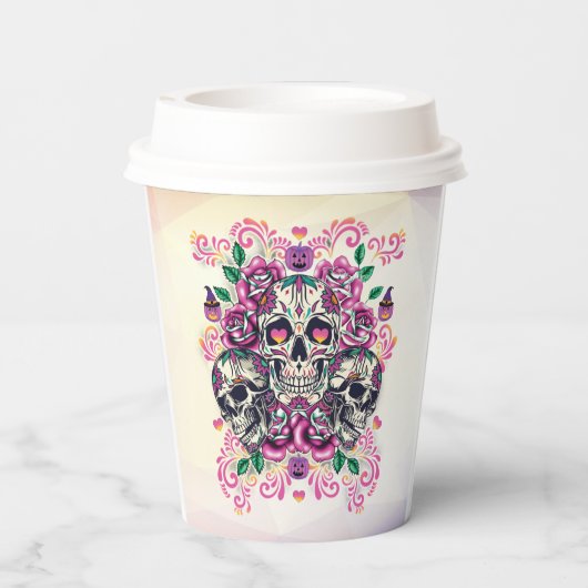 Huidfloreel, skeletroze waterverf, Halloween Papieren Bekers (Achterkant)