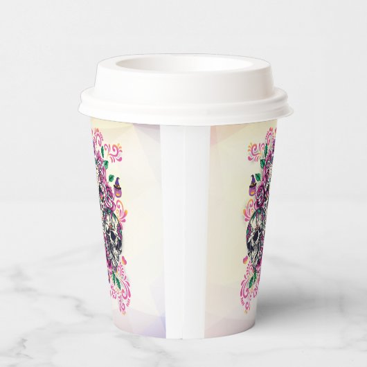 Huidfloreel, skeletroze waterverf, Halloween Papieren Bekers (Rechts)