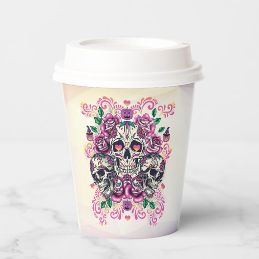 Huidfloreel, skeletroze waterverf, Halloween Papieren Bekers (Voorkant)