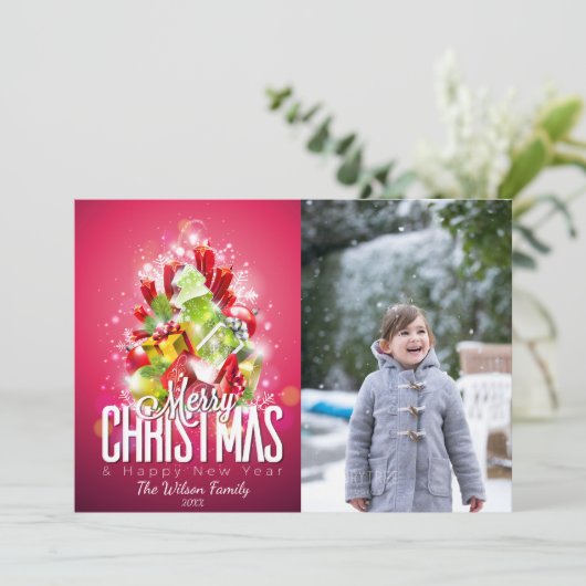 Huidige kerstboom en foto's met cadeaus kaart (Staand voorkant)